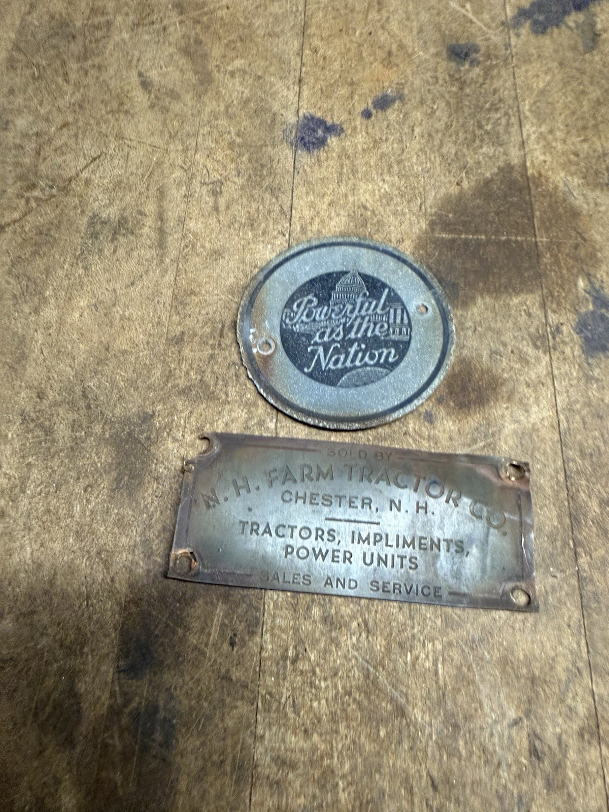 Powerful As The Nation Chester N.H. Farm Tractor Co Machine ID Tags Plates Signs