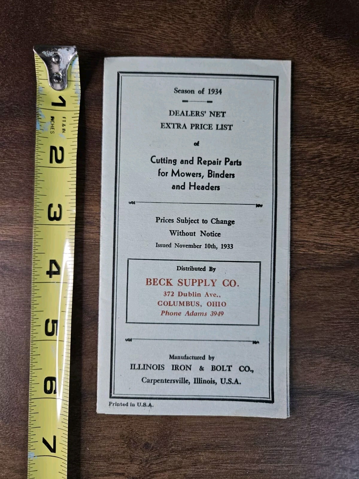 Antique 1934 Dealers Price List Brochure Beck Supply Company Columbus Ohio