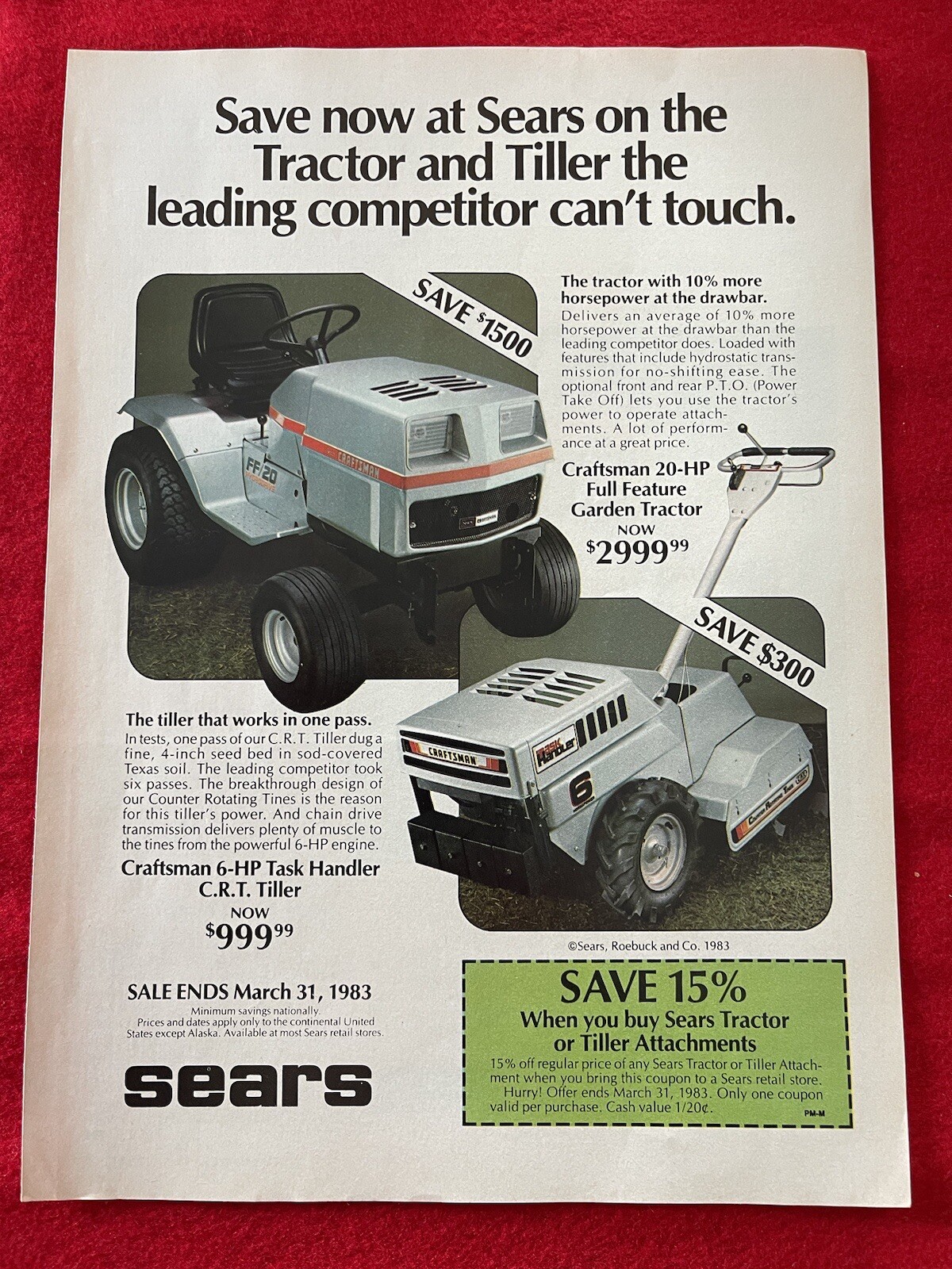 Vintage 1983 Sears Lawn Tractor Tiller Print Ad