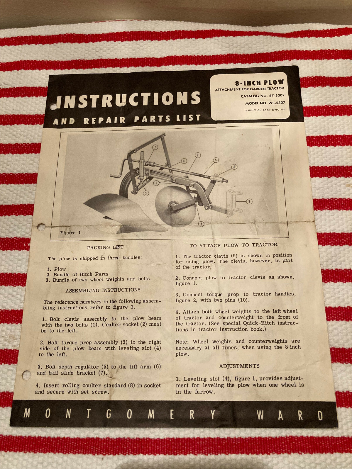 Montgomery Ward 8-INCH PLOW WS-5307 Instructions 87-5307 Parts List 4p Manual
