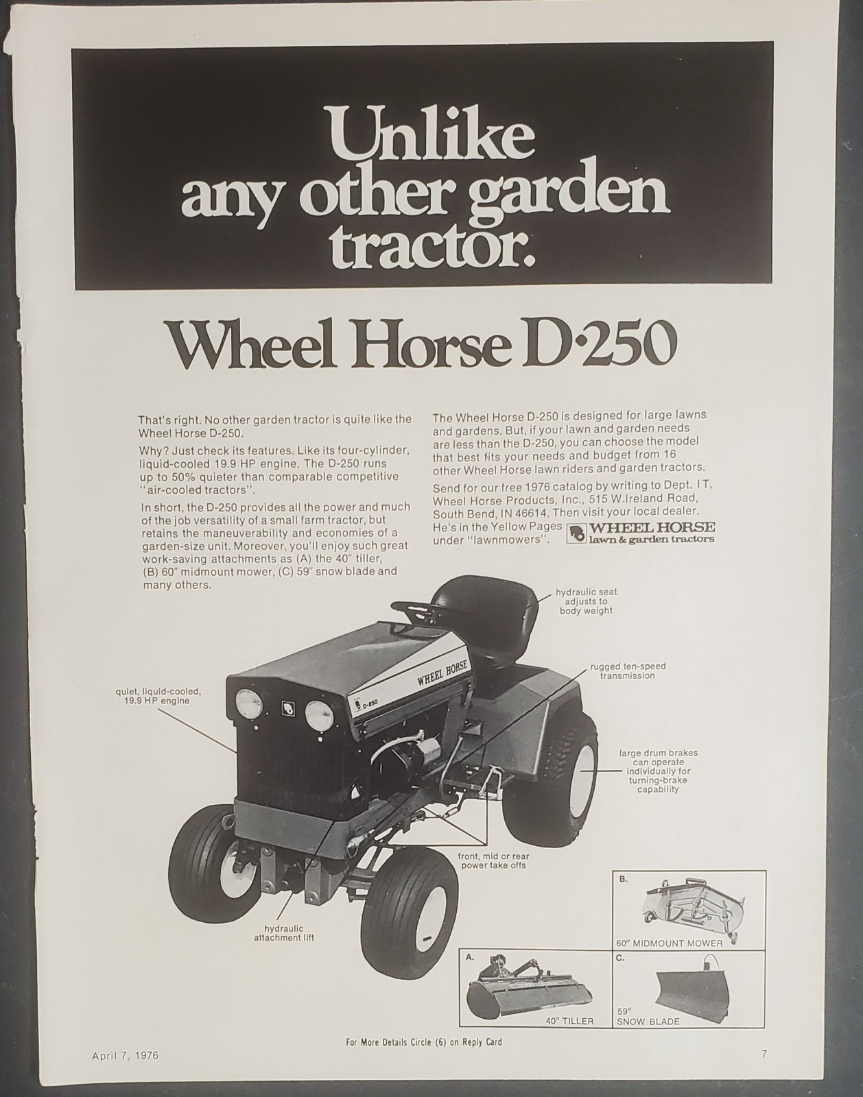 Wheel Horse D 250 1976 Magazine Advertisement and Article with Specs
