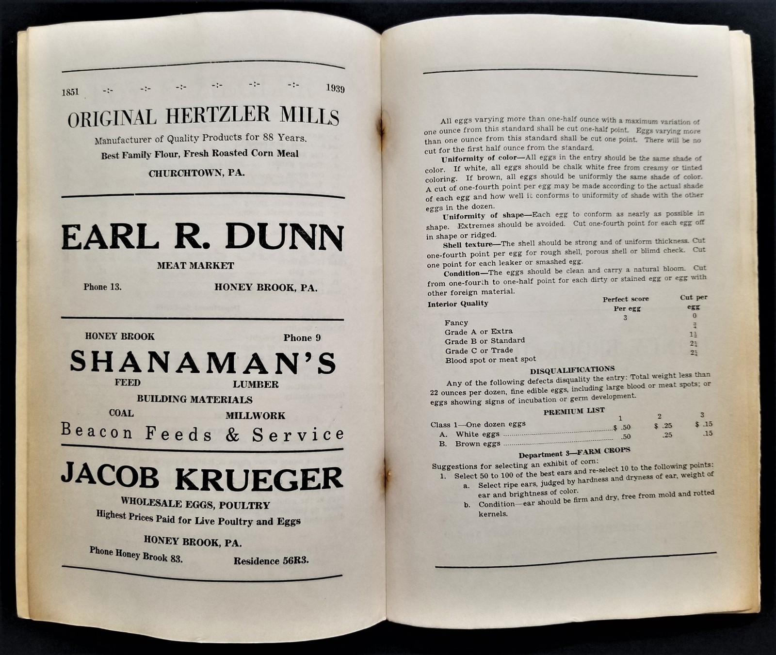 1939 HONEY BROOK FARM SHOW pa PROGRAM book original paper cover