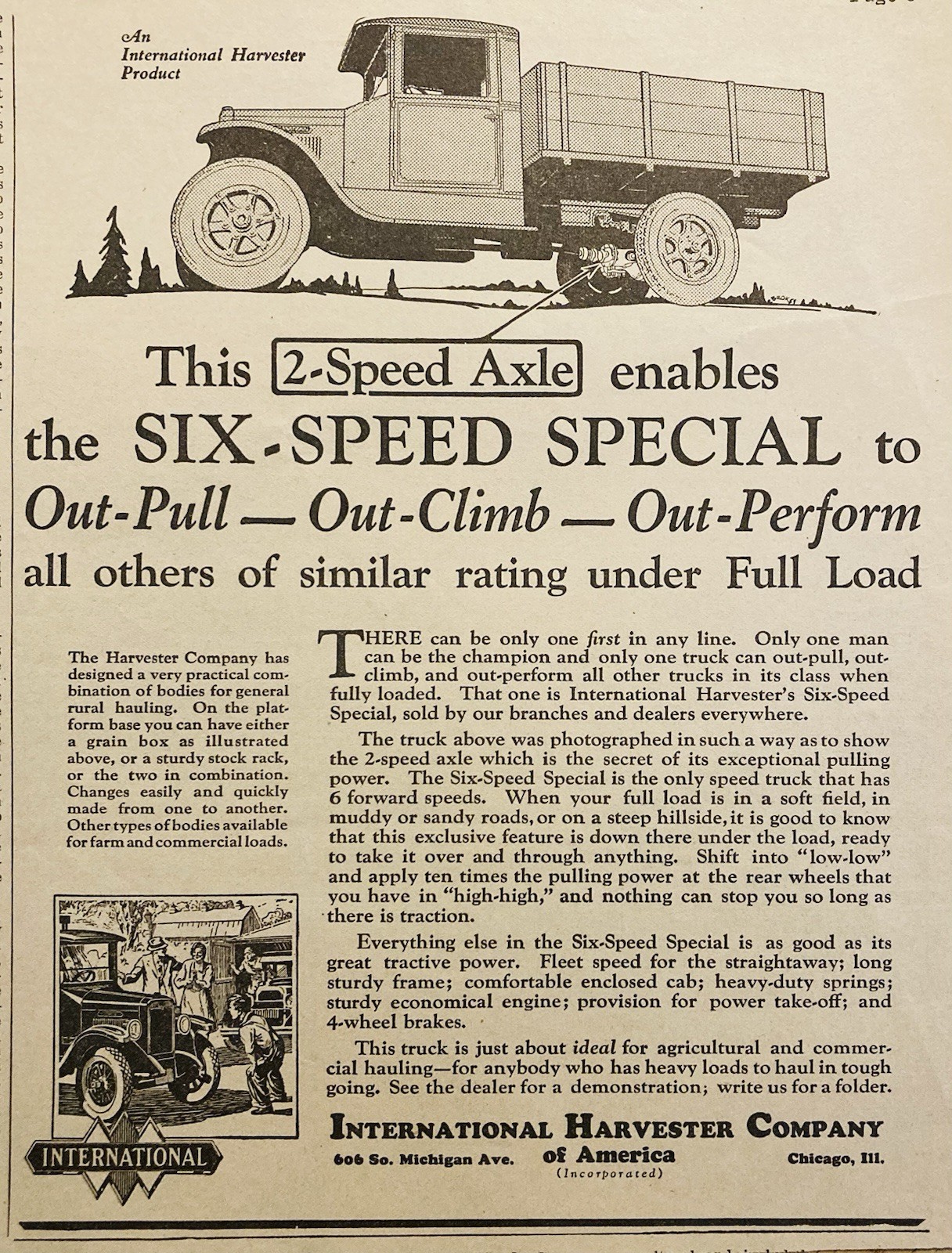 1929 AD.(XH87)~INTERNATIONAL HARVESTER CO. CHICAGO. SIX-SPEED SPECIAL FARM TRUCK
