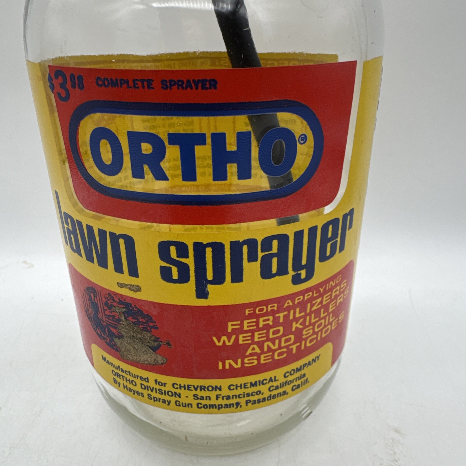 Vintage 1970 Ortho Lawn Sprayer Glass Jar Yellow Metal Lid 8&Prime; With Instructions