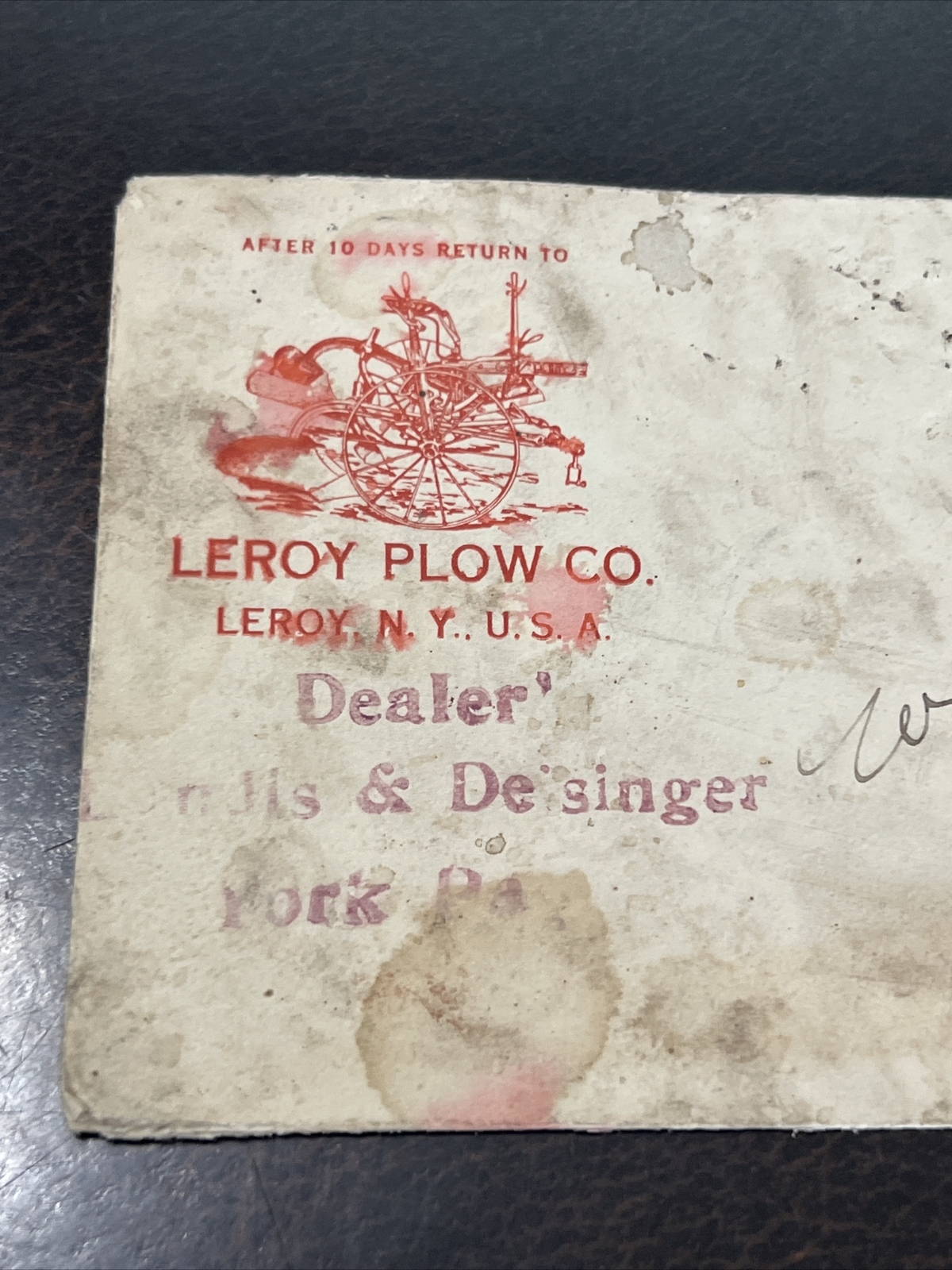 Vintage Farm Agriculture Envelope York Pa Leroy Plow Co NY