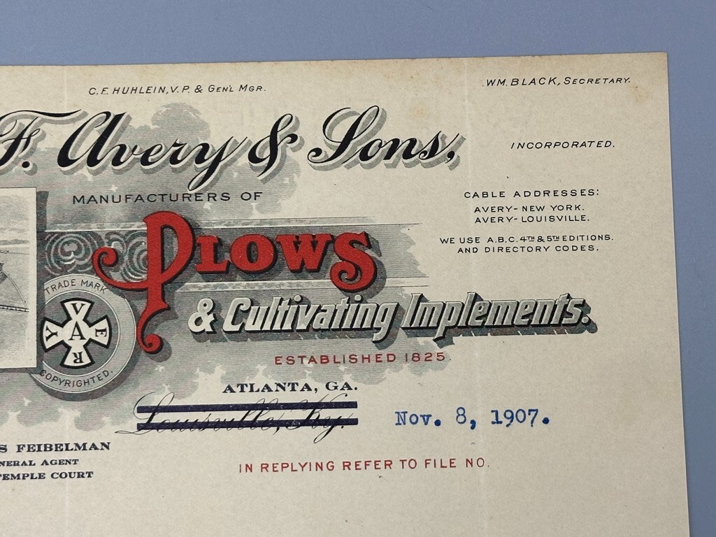 1907 B F AVERY & Sons PLOWS Antique Letter FARM Advertising ATLANTA GA
