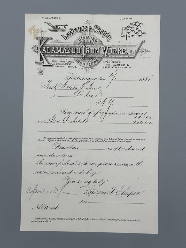 1885 KALAMAZOO MI IRON WORKS Diamond PLOW FARM Bank Draft Antique ADVERTISING