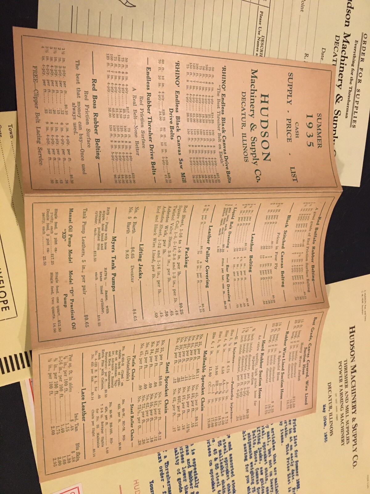 1935 Hudson Machinery Price List++ Saw Mill Belts Tractor Parts Case John Deere