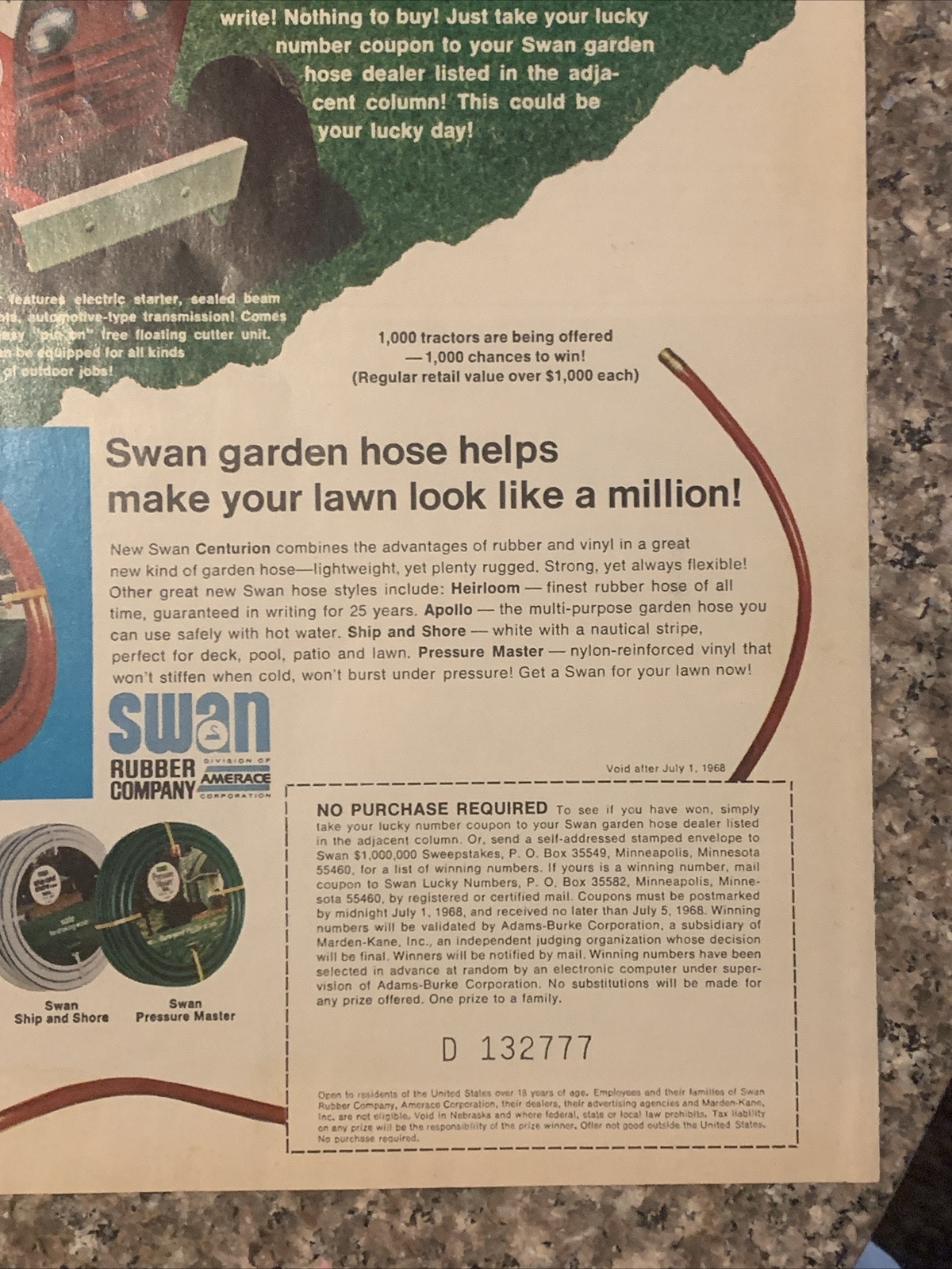1968 Swan Centurion Garden Hose PRINT AD Win Toro Suburban Mower Tractor VTG 60s
