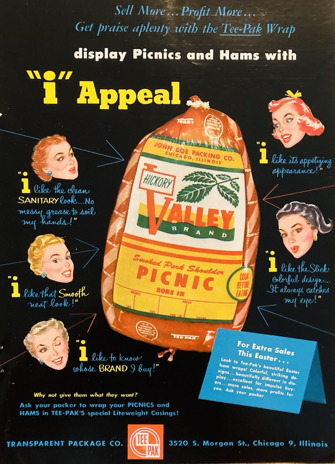 1954 AD.(XH83)~TRANSPARENT PACKAGE CO. CHICAGO. TEE-PAK WRAP FOR HICKORY HAMS