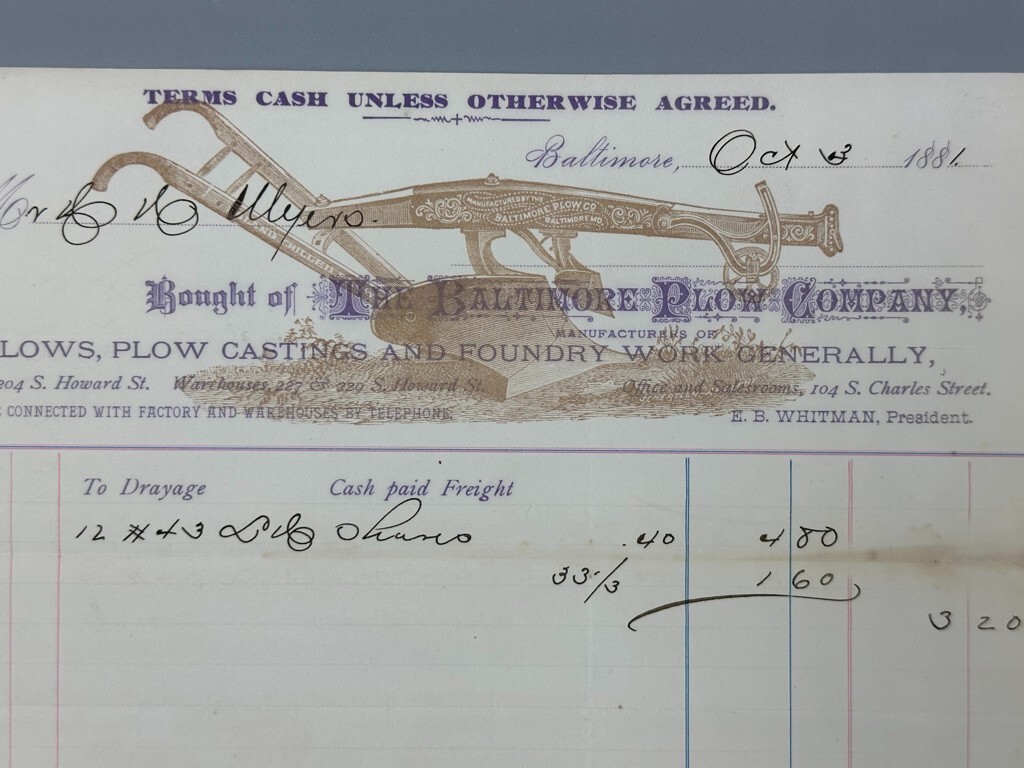 1881 BALTIMORE PLOW Co Antique Illustrated FARM Advertising Billhead MD