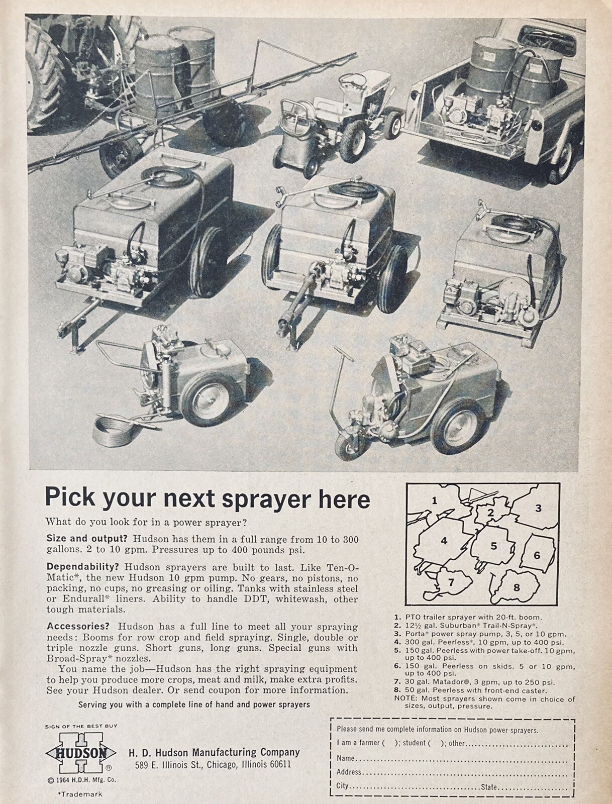 1964 AD(XH10)~H.D. HUDSON MFG. CO. CHICAGO. HUDSON ORCHARD FIELD POWER SPRAYERS