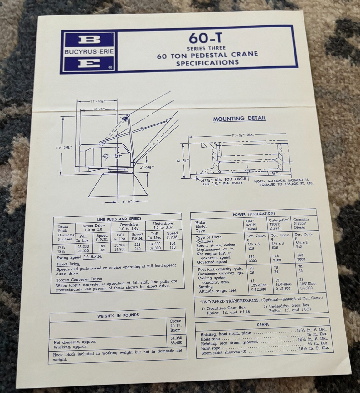 Bucyrus Erie 60-T Pedestal Crane Specifications Brochure DCPA25