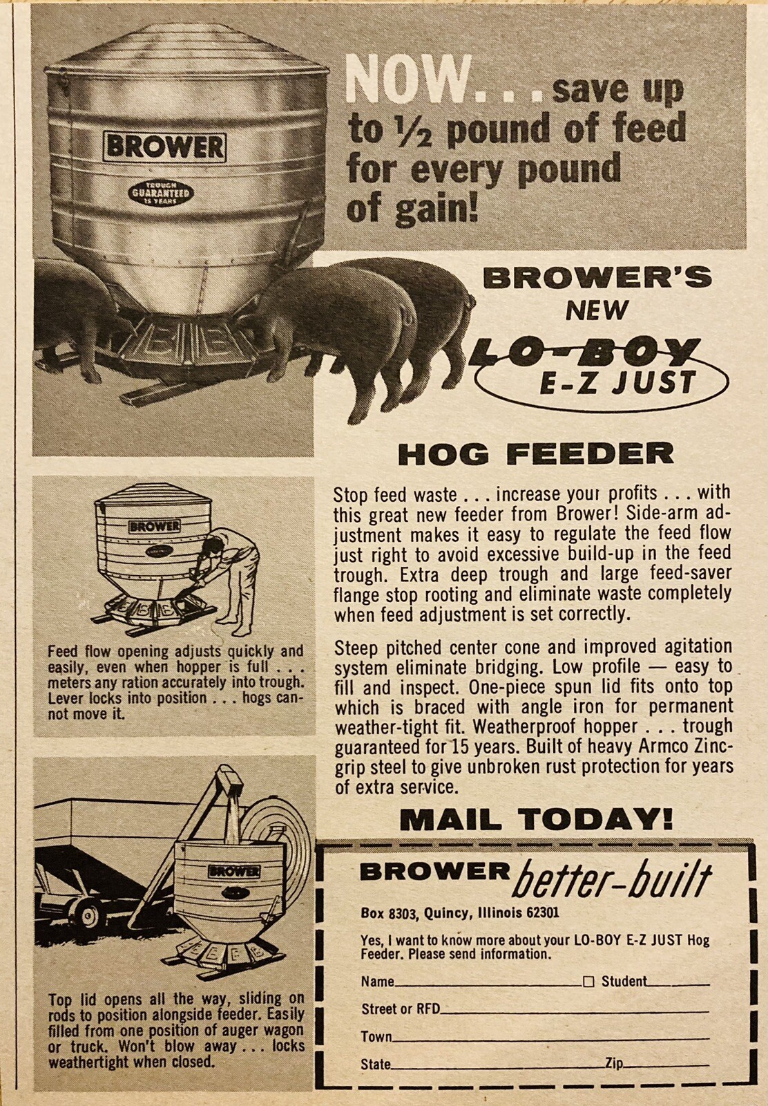 1969 AD.(XH78)~BROWER CO. QUINCY, ILL. BROWER’S LO-BOY HOG FEEDER