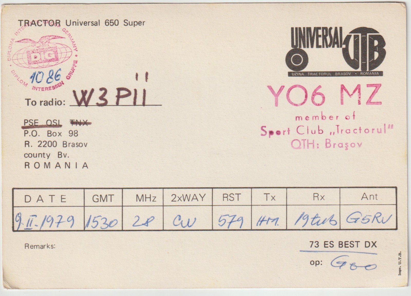 1979 YO6MZ Brașov, Romania QSO/QSL Radio Postcard UNIVERSAL Tractor 350 SPECIAL