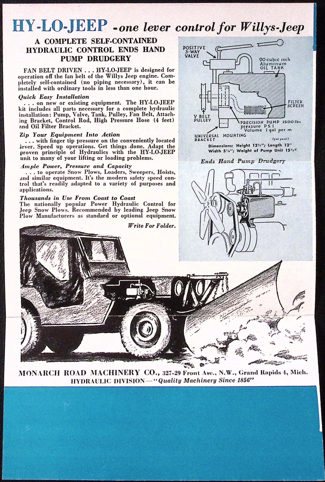 1953 Monarch Power Hydraulic Control for Snow Plows Trucks Tractors Brochure