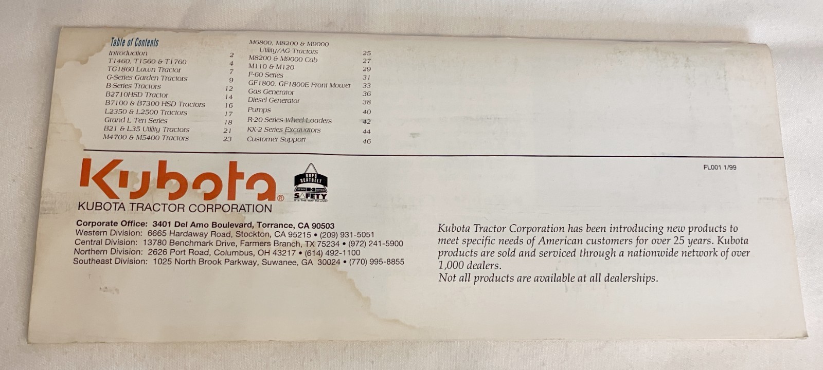 Kubota 1999 Products 48 pages Page Literature Guide 9&Prime; x 4&Prime; *STAINED*