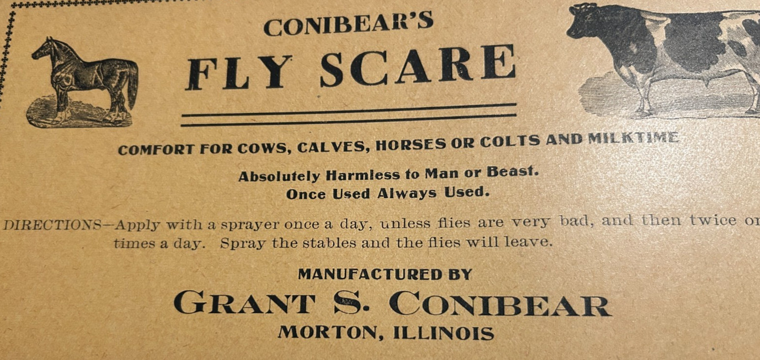 Conibear&rsquo;s Fly Scare Morton Illinois For Cows Calves Horses Ad Sign Paper 10&Prime;x5&Prime;