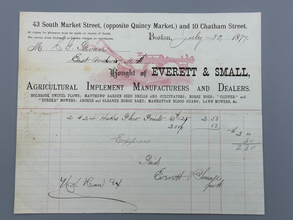 1877 Everett & Small FARM PLOW Advertising Billhead Antique BOSTON