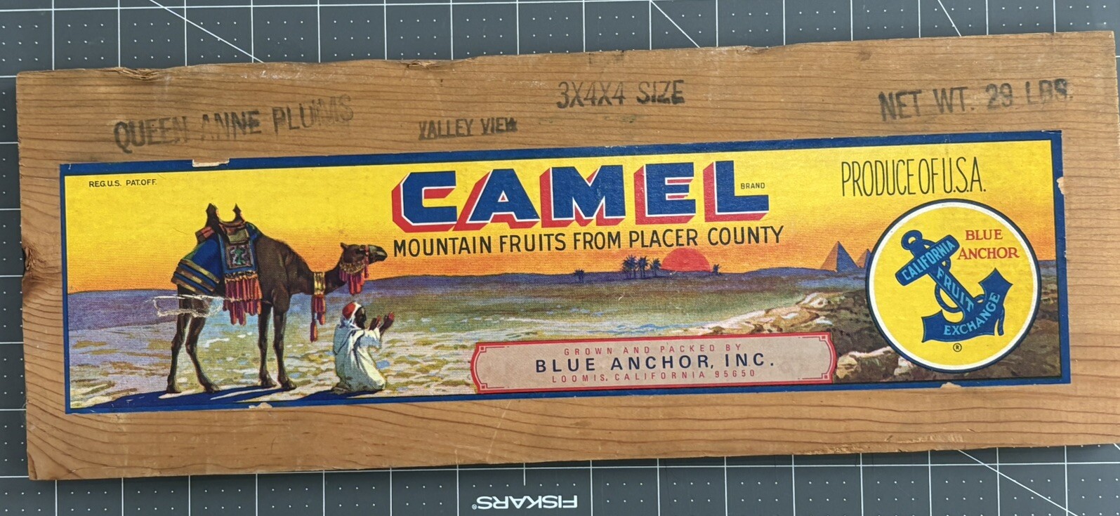 Vintage 1940,s Camel Mountain Fruits Placer County Wood Crate End Piece Plums