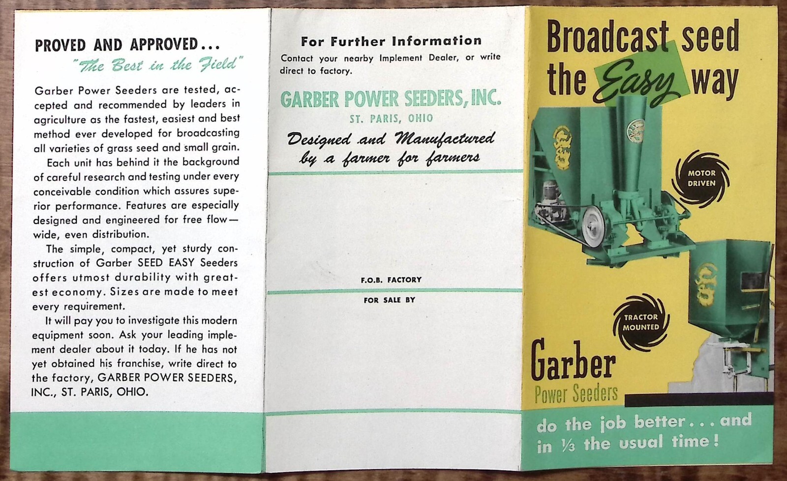 c1950 GARBER POWER SEEDERS TRACTOR MOUNTED ST PARIS OH ADVERTISING FLYER Z6111