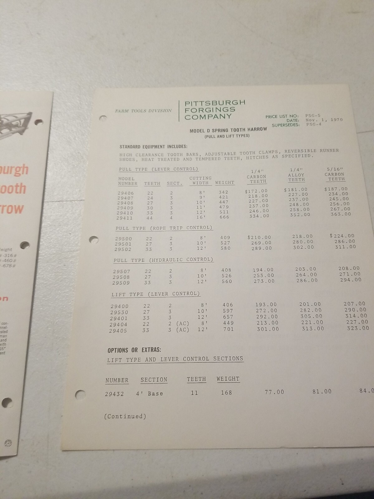 1970 PITTSBURGH FORGINGS CO. SPRING TOOTH HARROWS BROCHURE &PRICE LIST