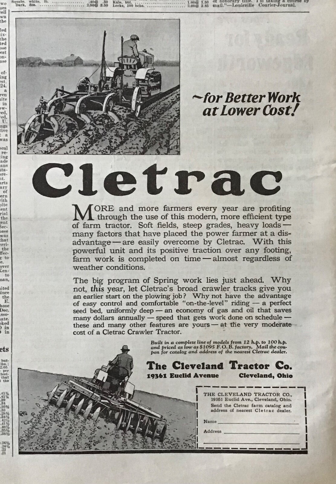1930 newspaper ad for Cletrac Tractors – for Better Work at Lower Cost