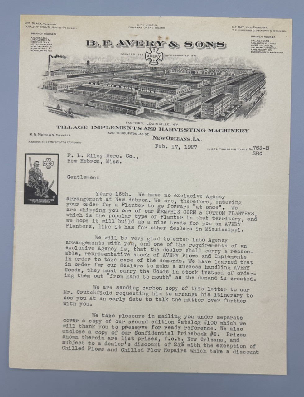 1927 B F AVERY & Sons Letter FARM Advertising NEW ORLEANS LA Antique