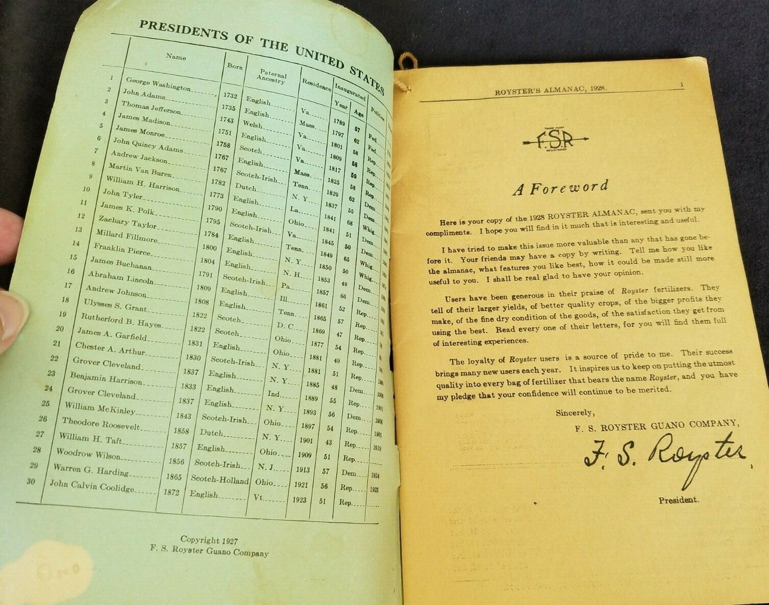 1928 Royster&rsquo;s Almanac FS Royster Guano Baltimore Farm Fertilizer Mine Bartow FL