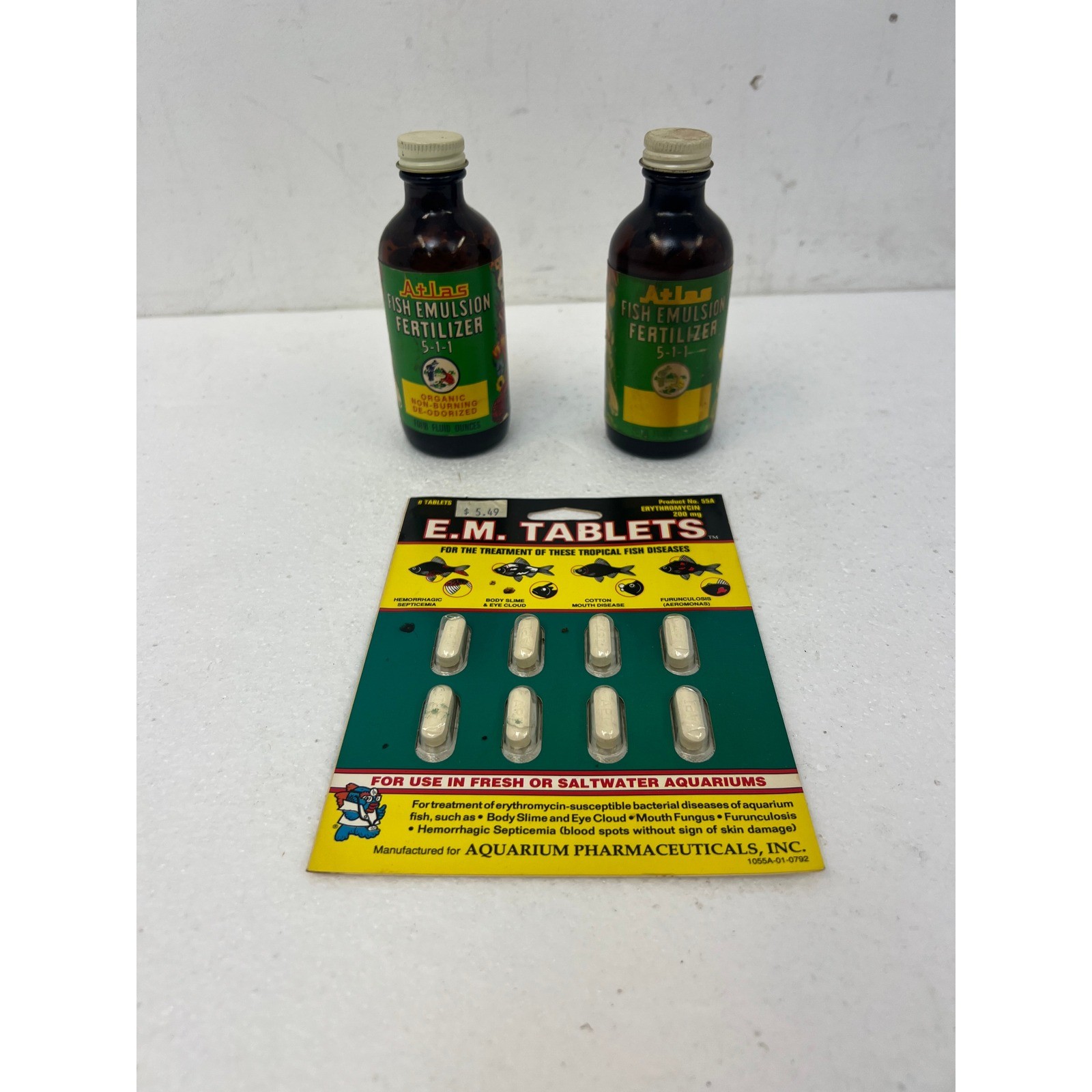 Vintage Atlas Fish Emulsion Fertilizer Bottles & Tablets Pet Supply Aquarium Lot