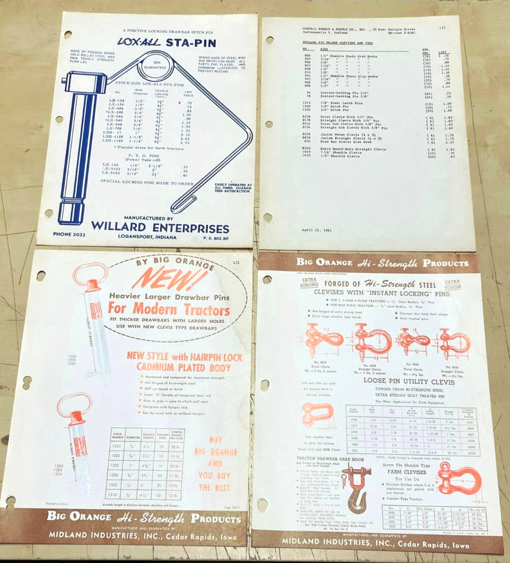 Vtg 1960s Lox All Sta-Pin Big Orange Tractor Clevises One-Page Ads & Price List