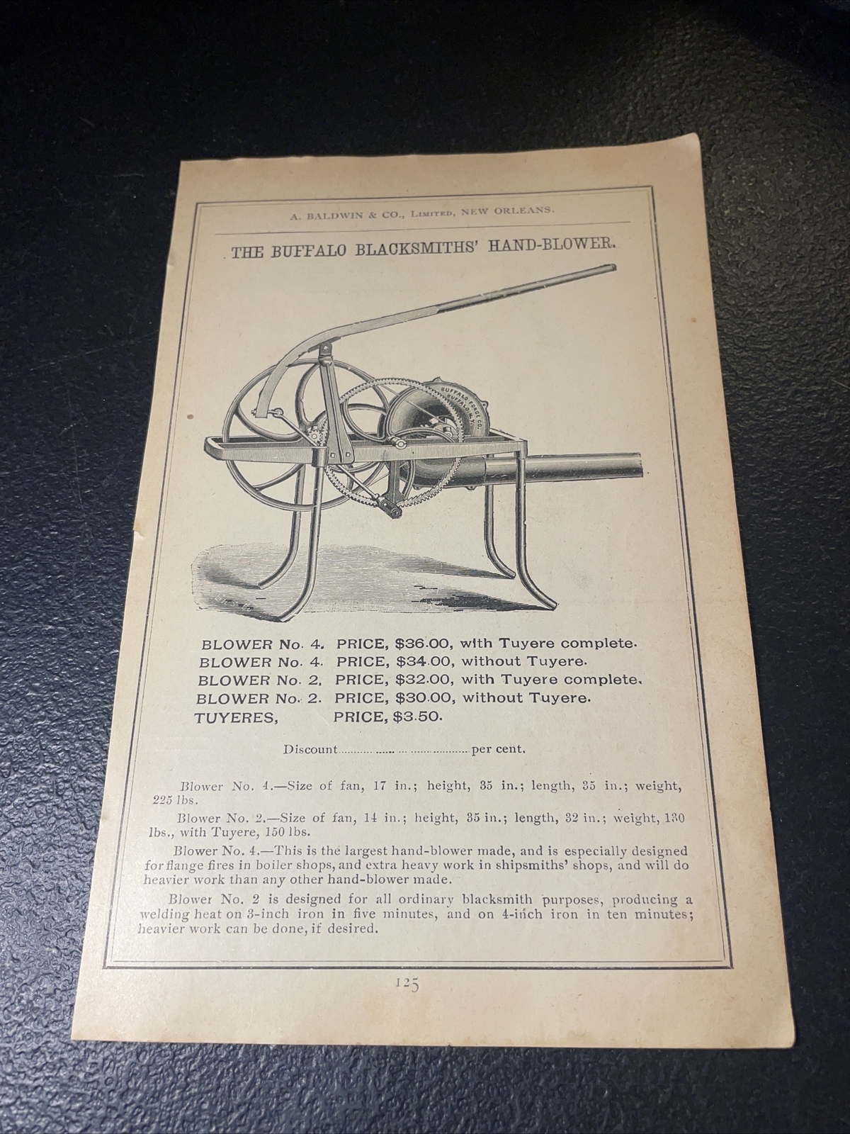 1891 Baldwin – Blacksmith Buffalo Hand Blower – Farm Advertising – New Orleans