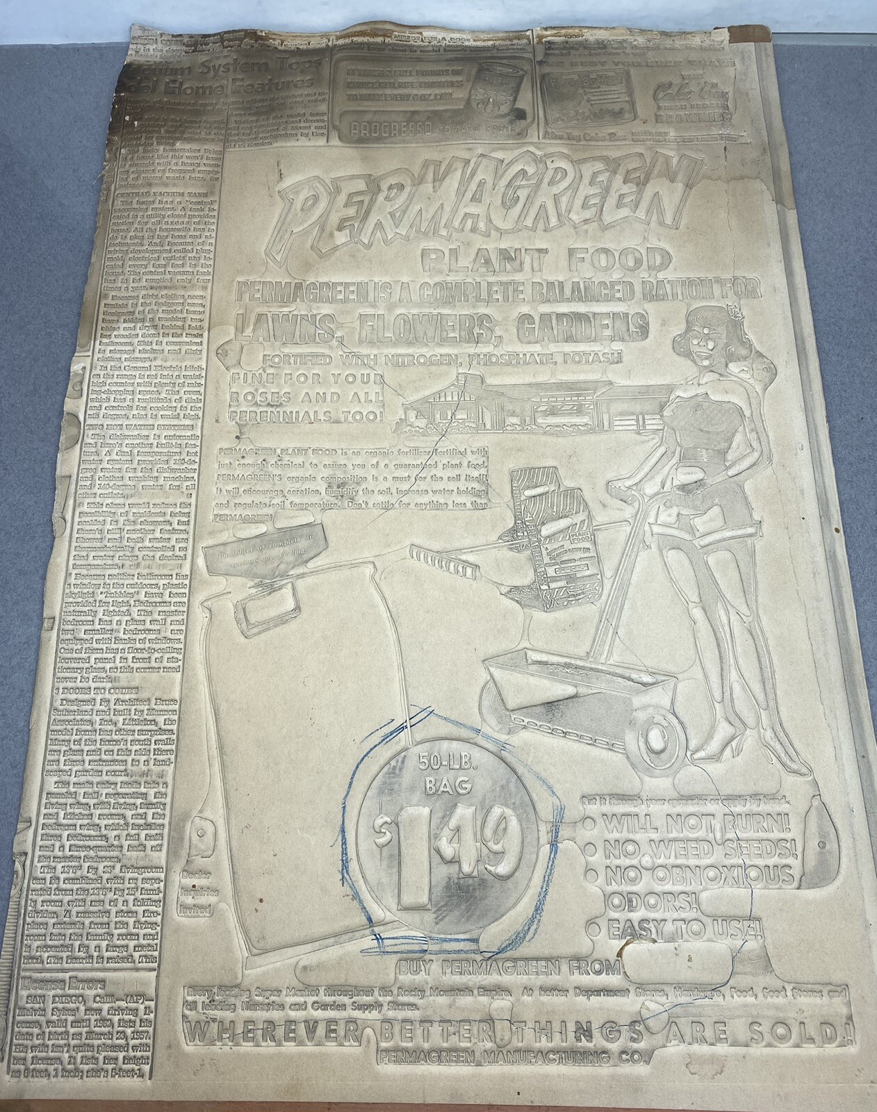Vintage 2 Advertising Embossed Newspaper Flong Mat Mold Print Ad Fertilizer