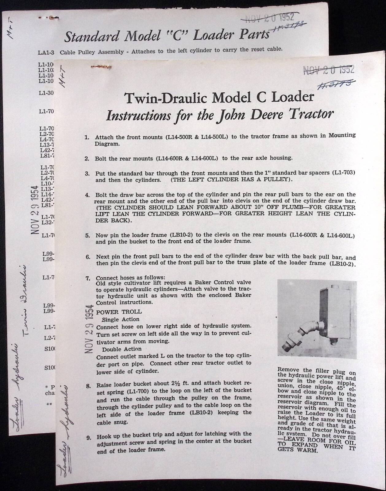 1952 Twin Draulic Model C Loader for John Deere Tractor Instructions Parts Lists