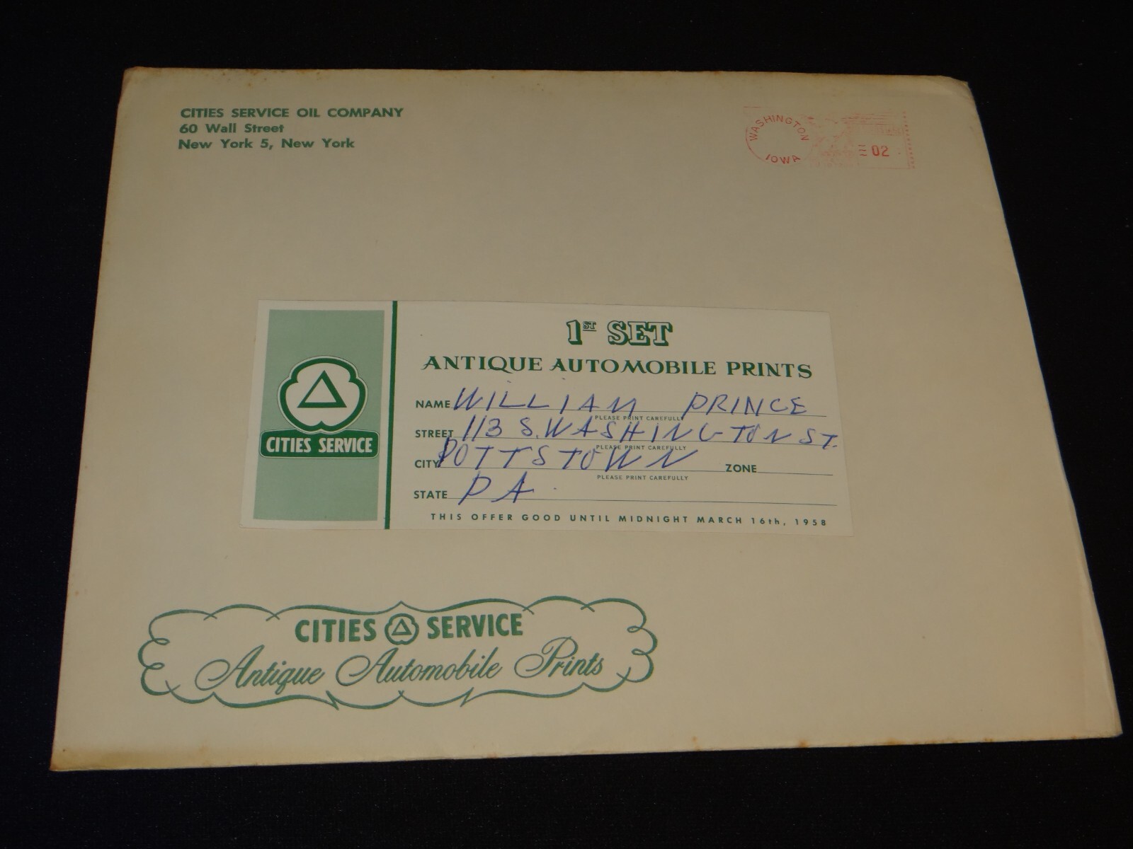 1950&rsquo;s Cities Service Gasoline Early Automobile Prints Complimentary Gift w/Env.