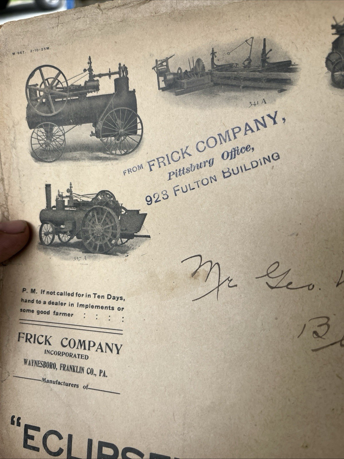 Antique Frick Eclipse Steam Tractor Engine Large Envelope, Bela Pa. Clarion Co.