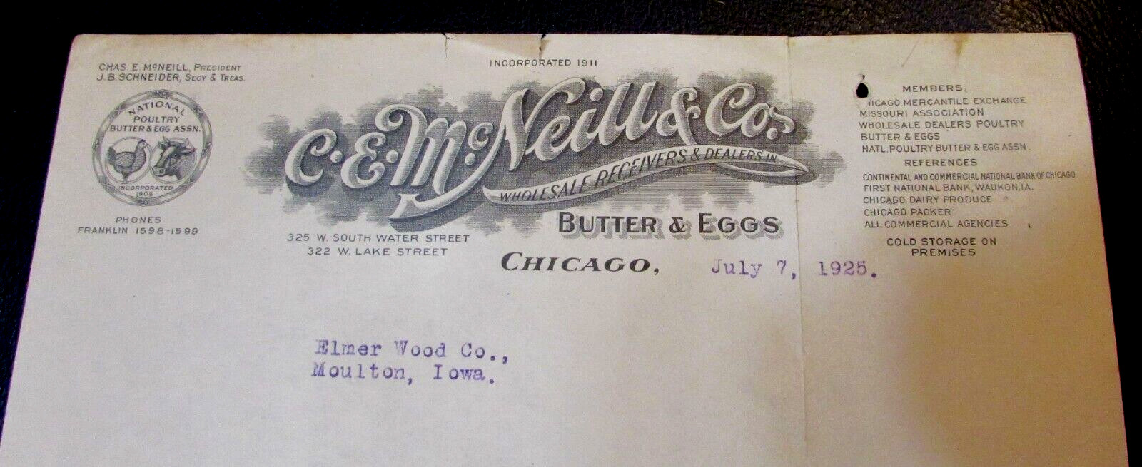 Old 1925 C.E. McNeill and Co. Wholesale Butter Eggs Antique Letterhead Chicago