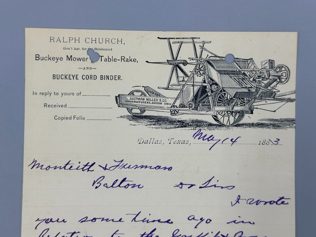 1883 AULTMAN MILLER Farm BUCKEYE Mower DALLAS TEXAS Antique Letter Advertising