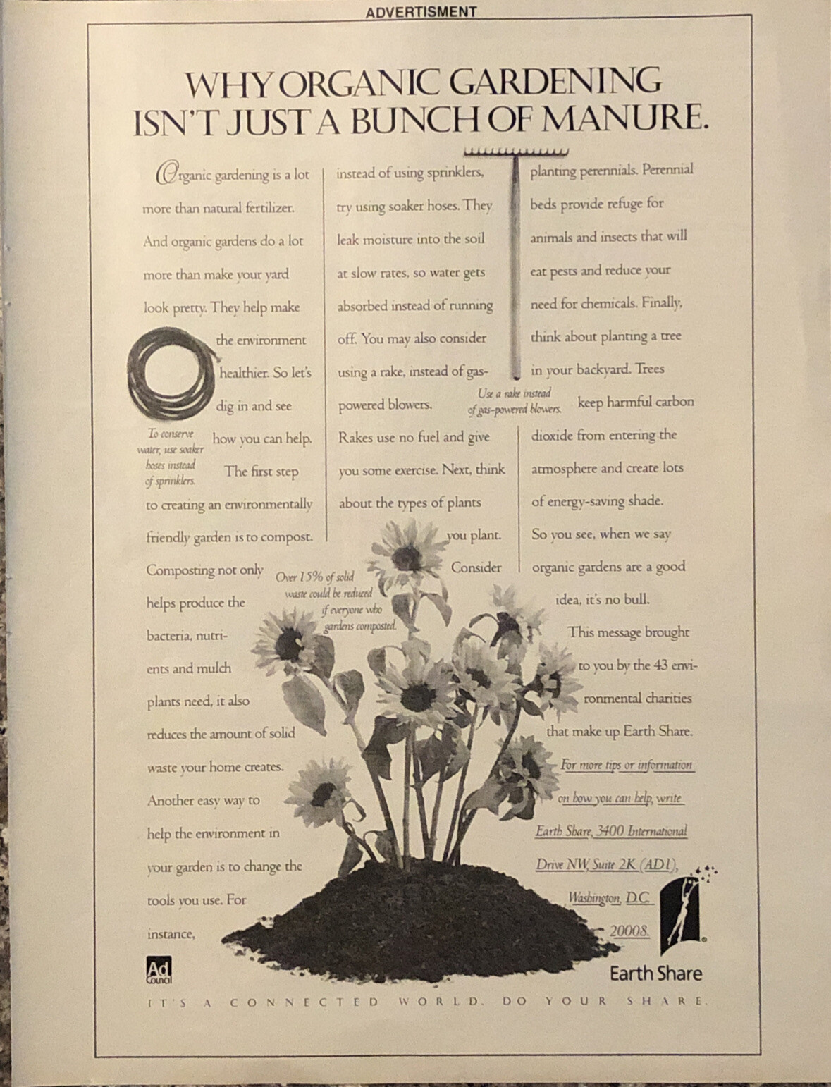 1999 Earth Share PRINT AD Why Organic Gardening Isn’t Bunch Of Manure VTG 1990s