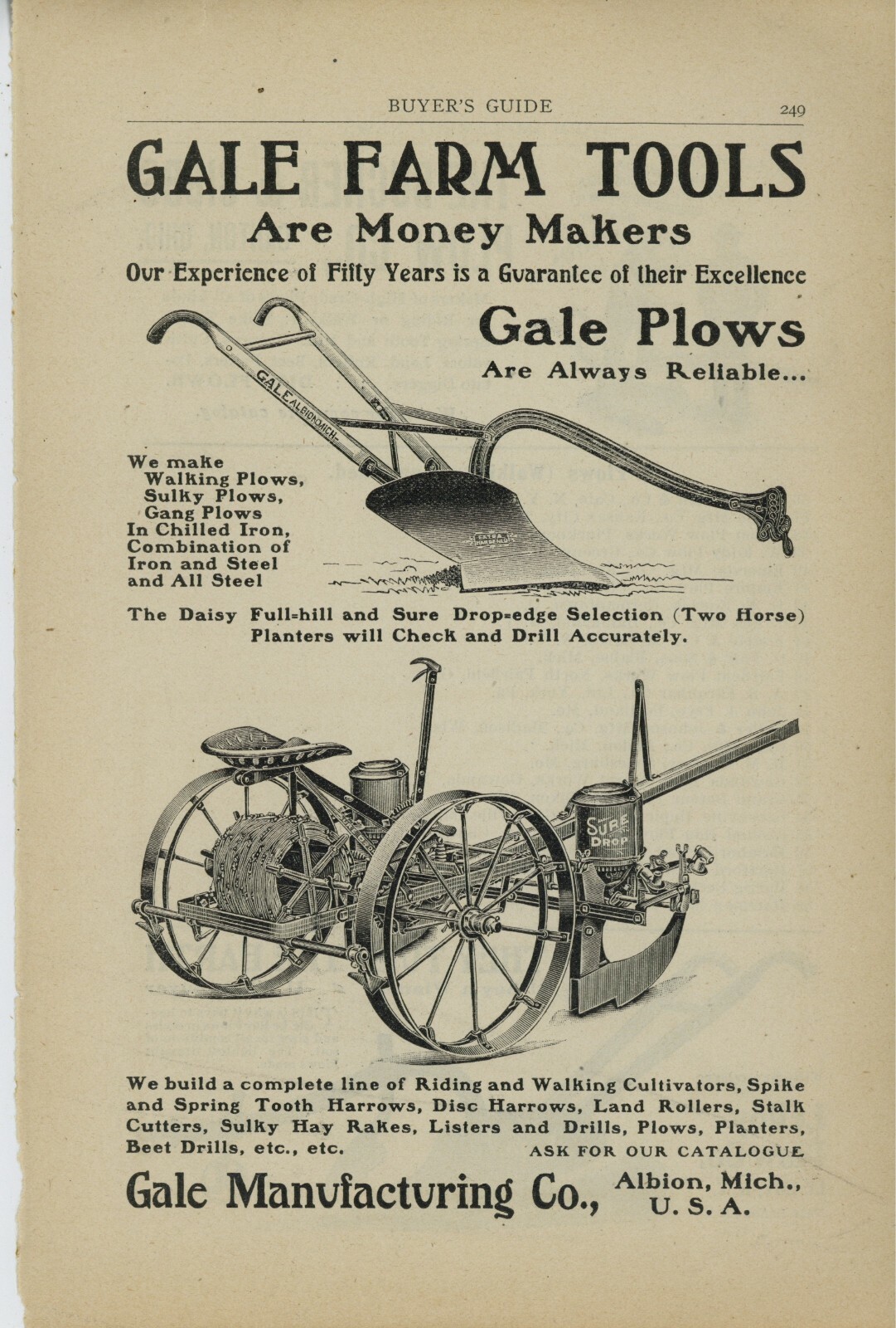 1905 Gale Farm Tools, Plows Albion Michigan Ad: REV is Bucher & Gibbs & LeRoy