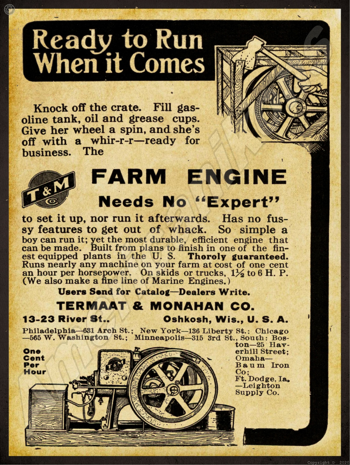 1912 T & M Farm Gas Engines New Metal Sign: Termaat & Monahan – Oshkosh, WI