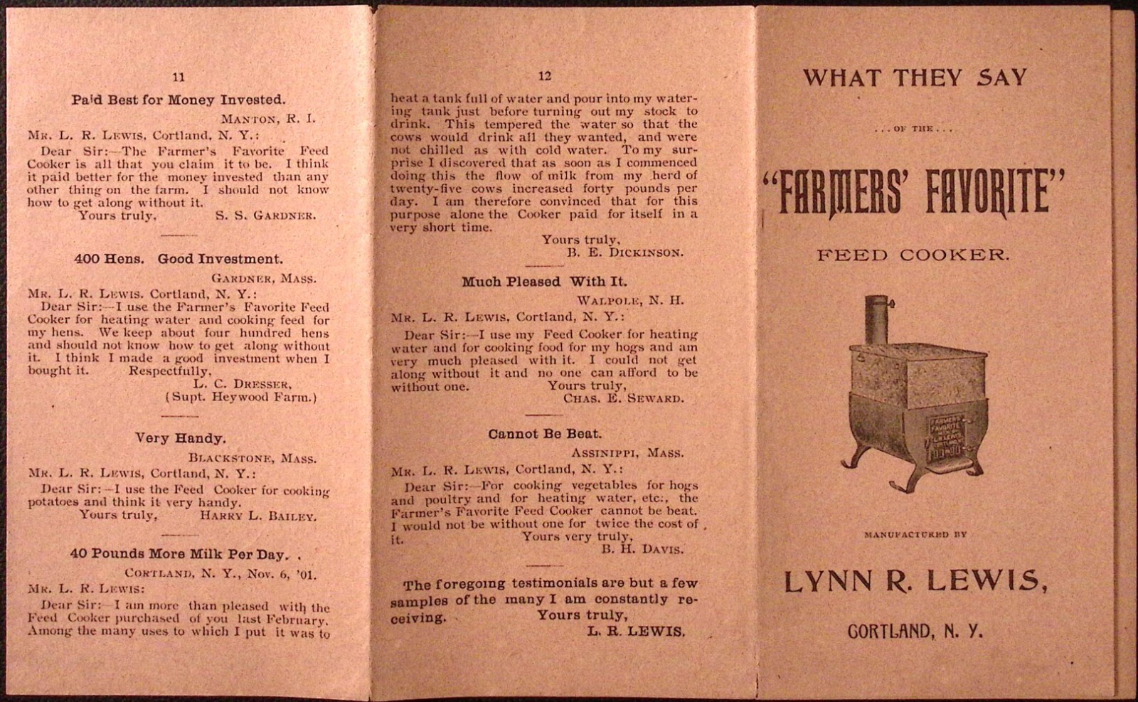 Farmers Favorite Feed Cooker Testimonial Brochure c1920s Cortland NY 3.25 x 6&Prime;