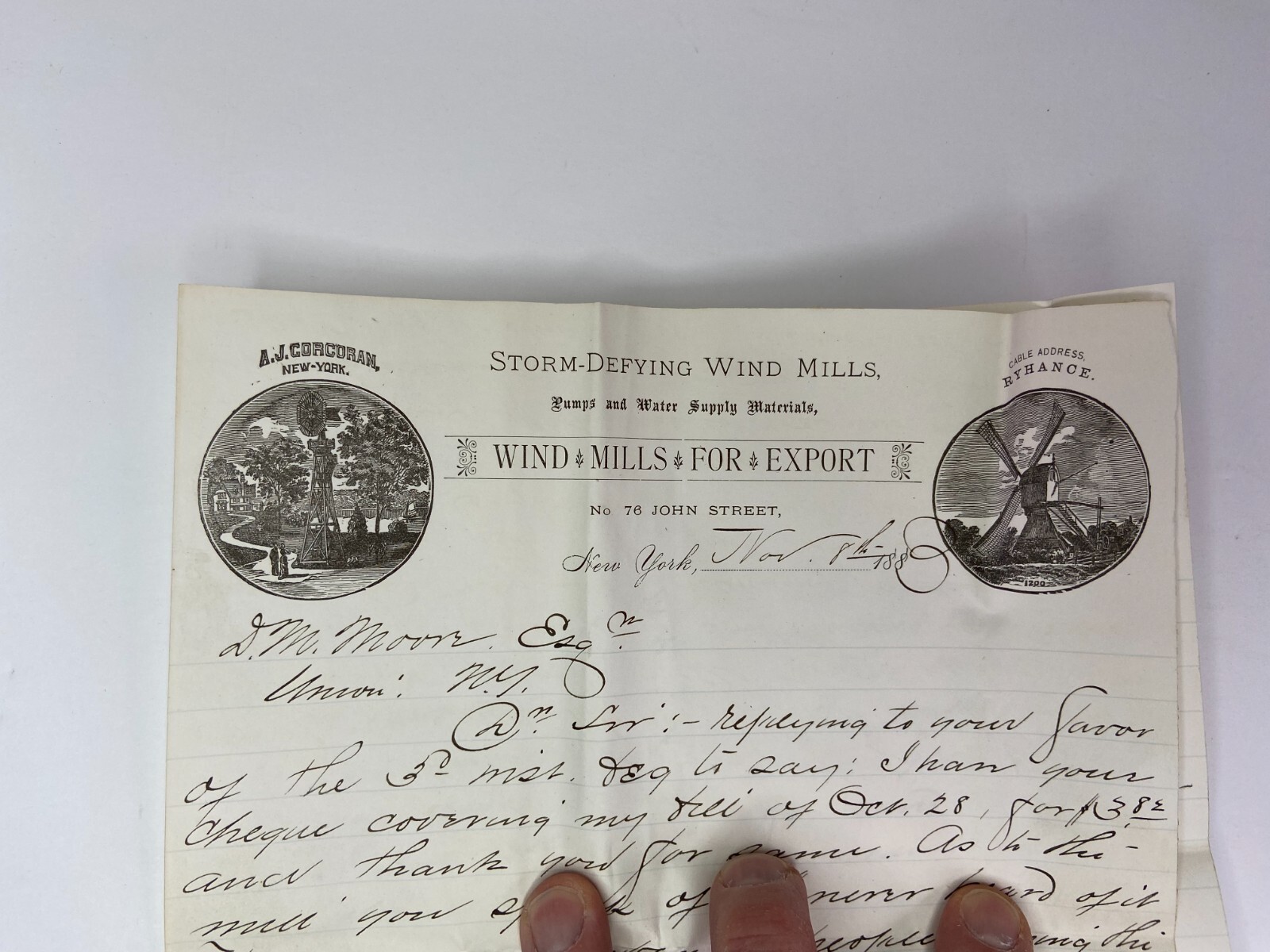 RARE ARCHIVE Letters EPHEMERA Billheads etc – Andrew Corcoran Wind Mills NY 1883