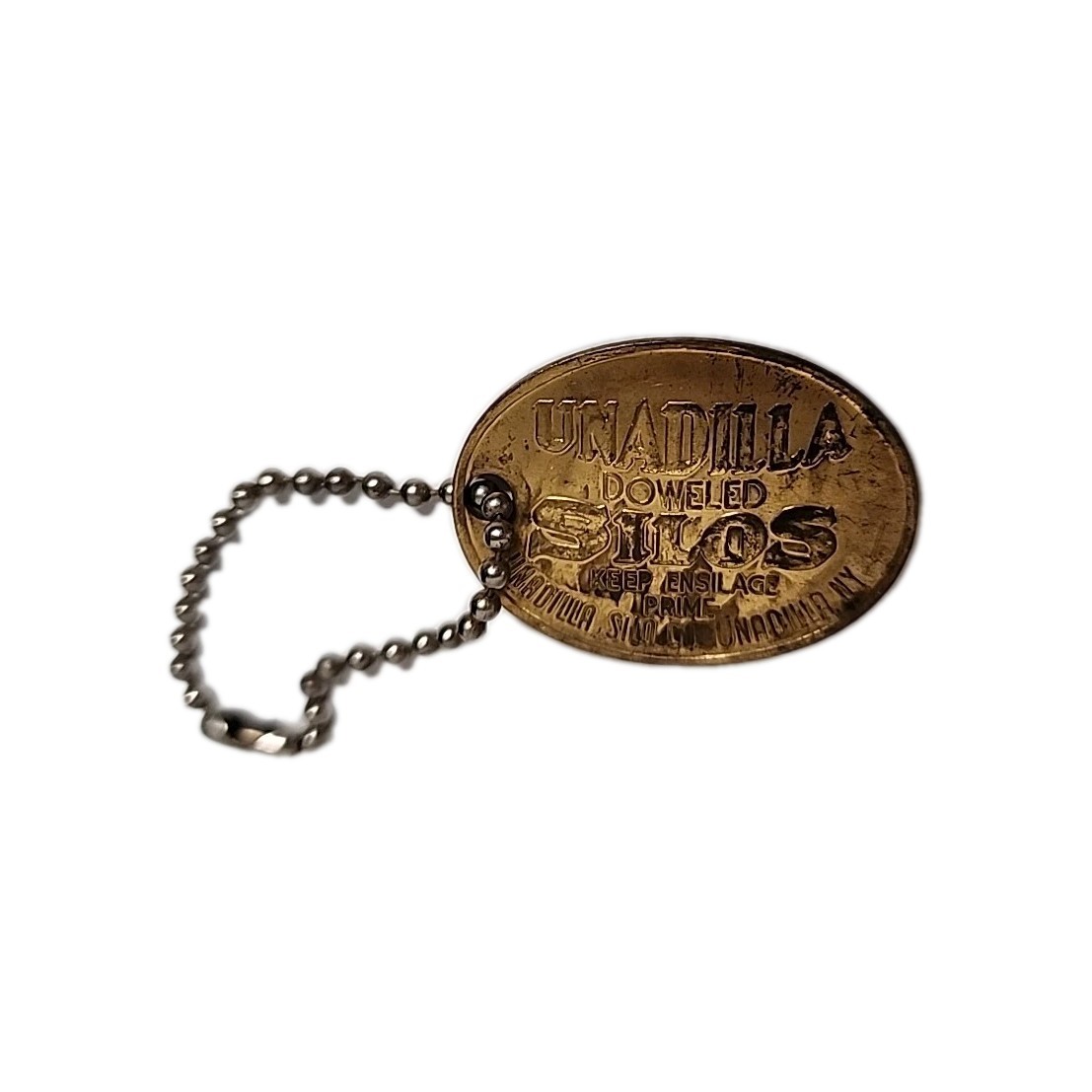 1906 ANTIQUE UNADILLA SILOS NY FARM ADVERTISING PENDANT KEYCHAIN CHARM FOB TAG