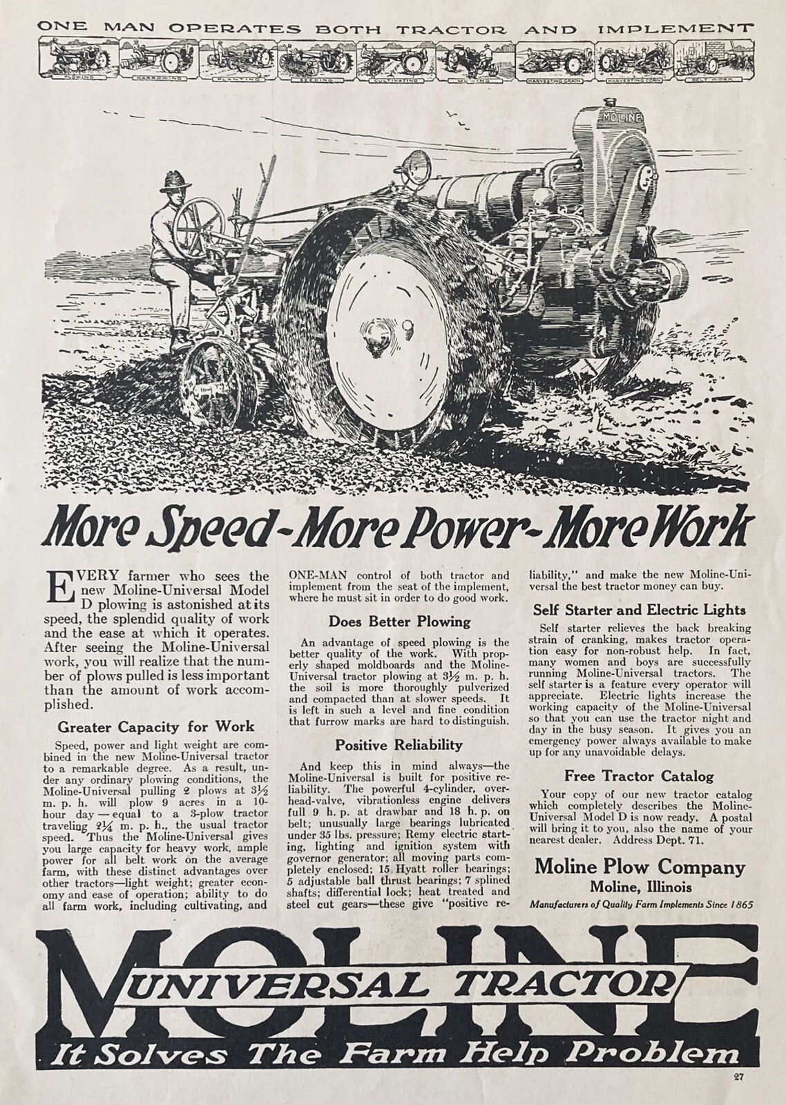 1918 AD.(XH66)~MOLINE PLOW CO. MOLINE, ILL. MOLINE UNIVERSAL MODEL D TRACTOR