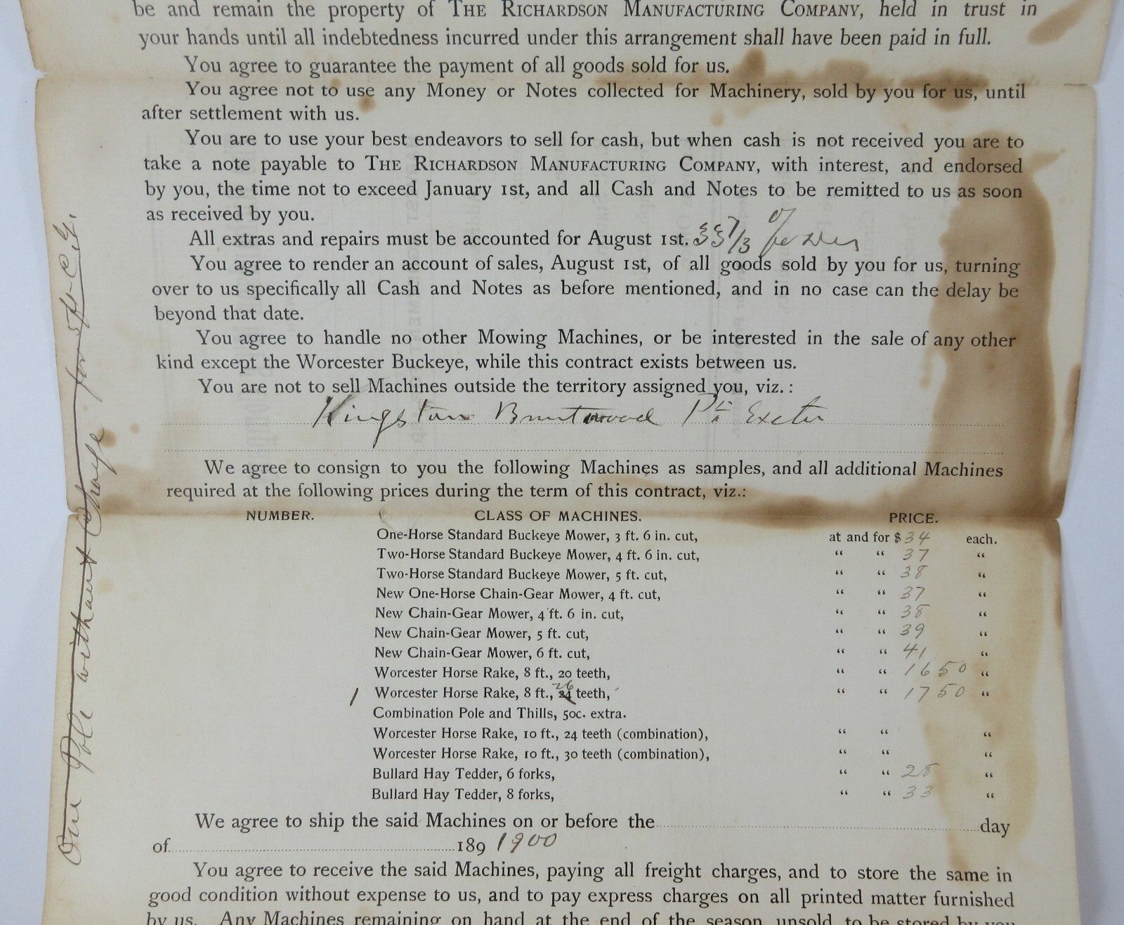 Buckeye Mower Richardson Farm Implements Salesman Agreement Territory Stock 1900