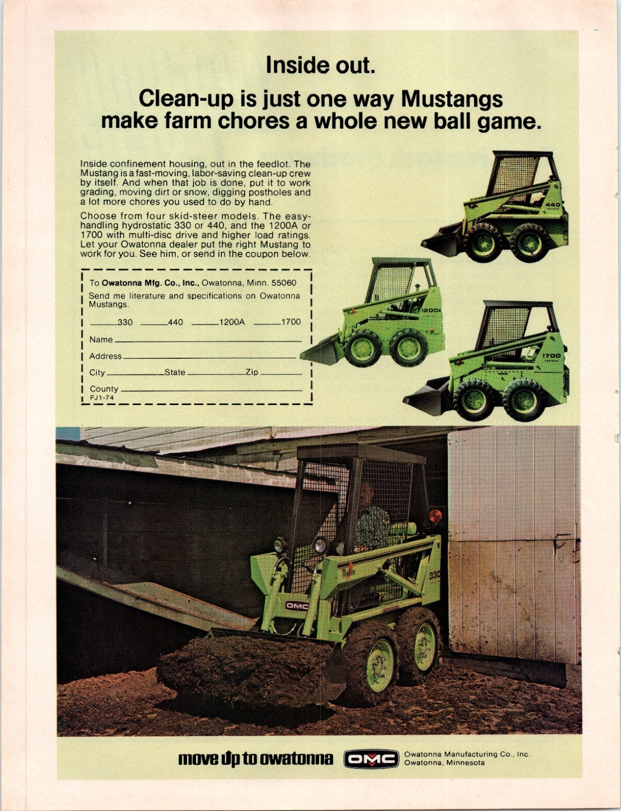 1975 Owatonna Mustang Skid Steer 440 1200A 1700 Vintage 70&rsquo;s Print Ad
