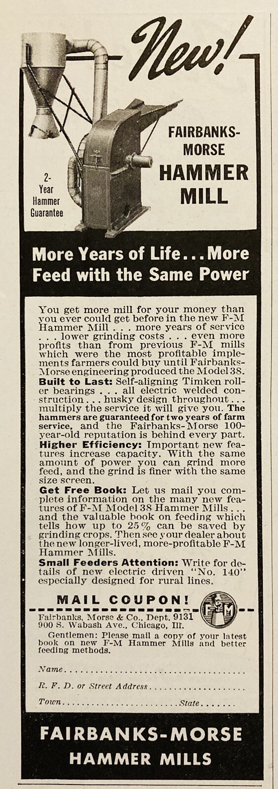 1937 AD.(XH81)~FAIRBANKS-MORSE CO. CHICAGO. FAIRBANKS-MORSE HAMMER MILLS