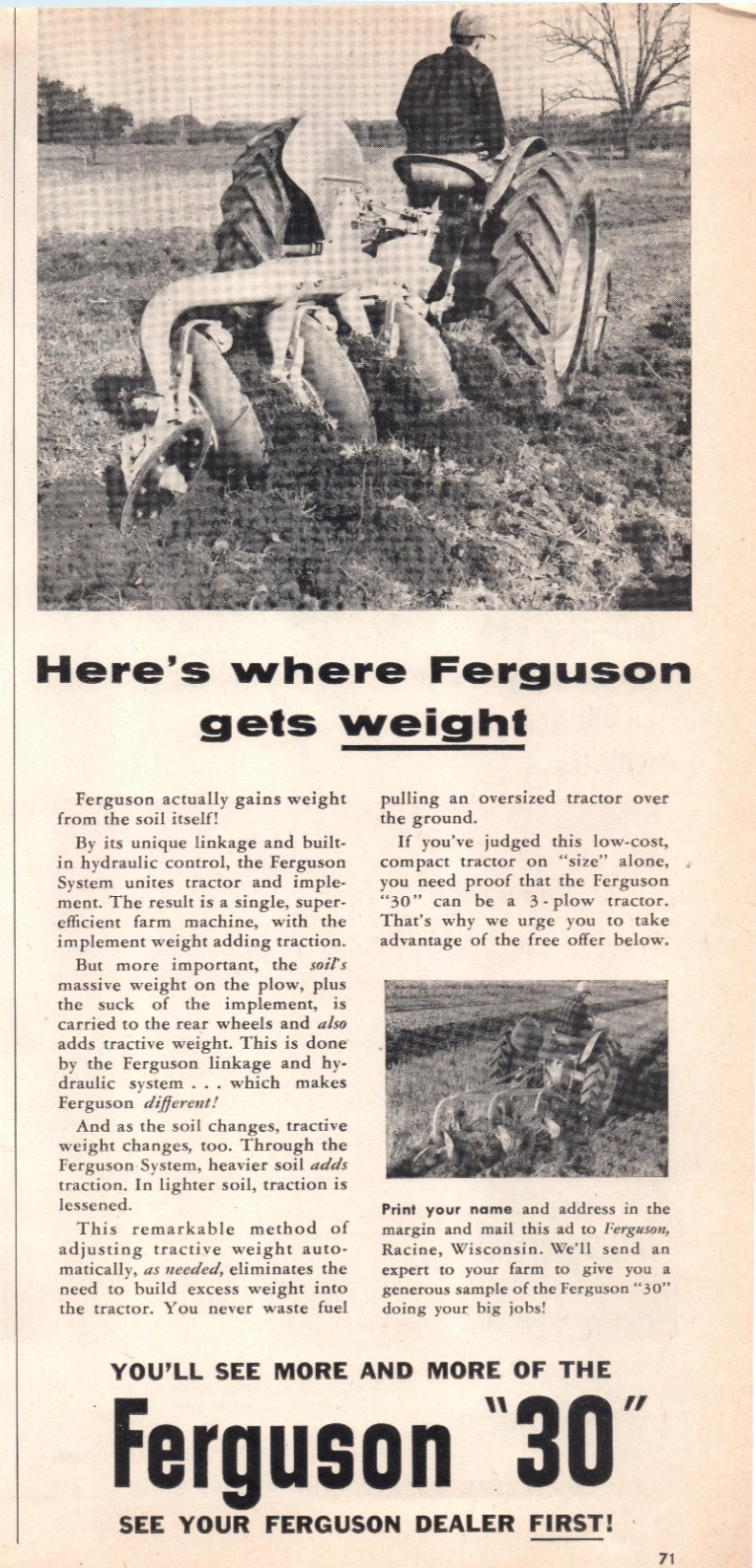 1954 Ferguson System « 30 » Tractor Implement 50&rsquo;s Vintage Print Ad