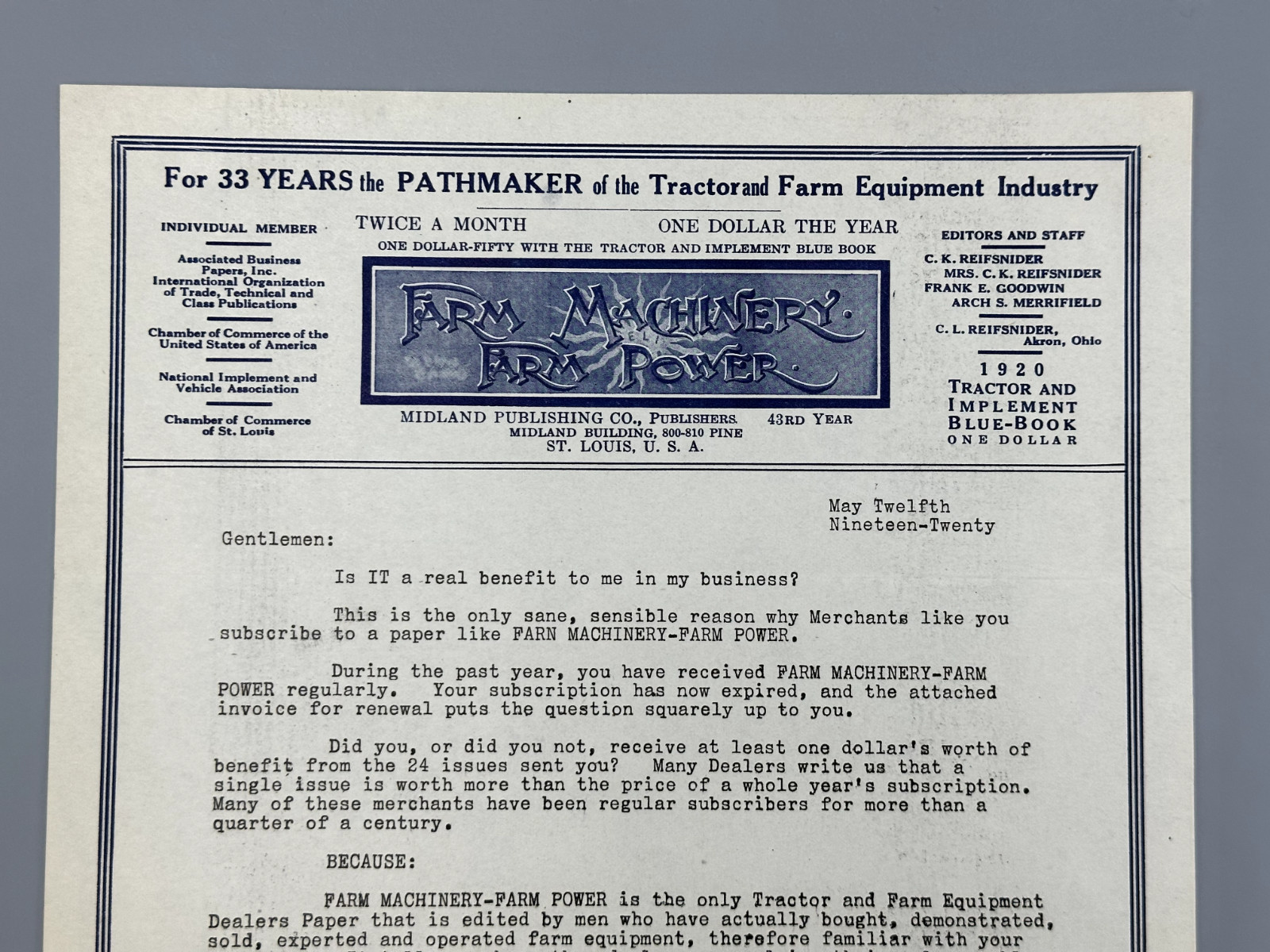 1920 FARM Machinery Power TRACTOR Magazine Advertising Letter Billhead Antique